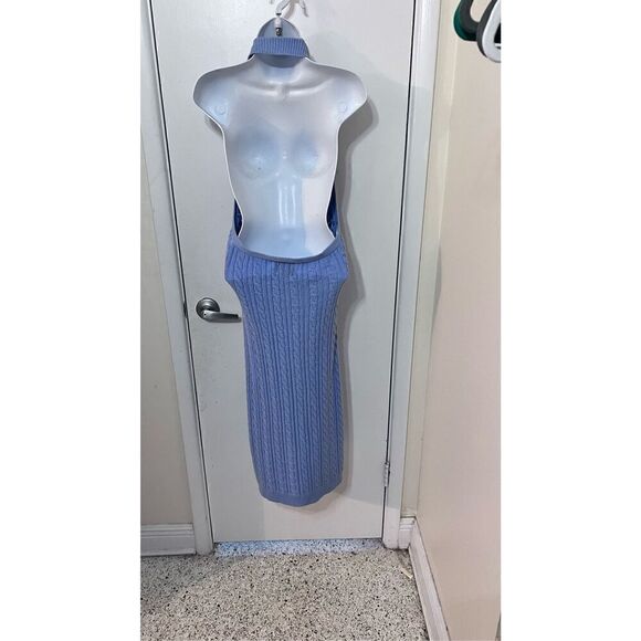 Pink Rose Aster Blue Maxi Halter Sweater Dress Size L New - Picture 5 of 10